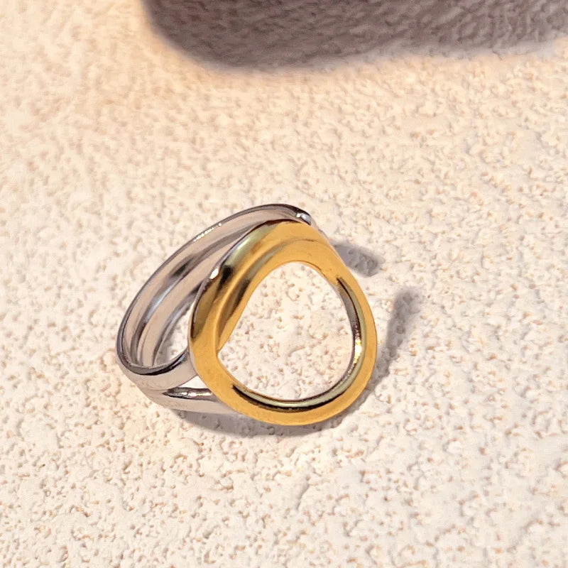 18K Gold Plated Stainless Steel Two-Tone Geometric Ripple Open Knuckle Ring