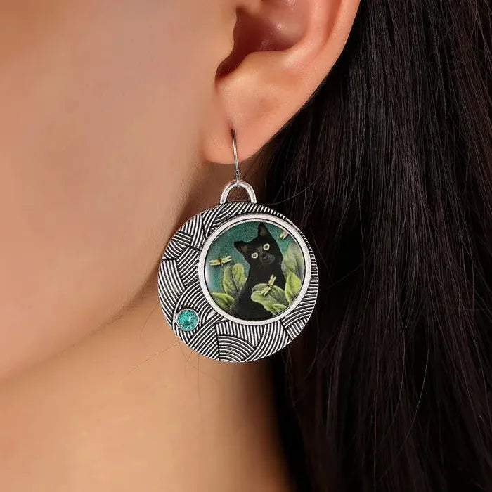 Vintage Round Black Cat Drop Earrings for Women Zinc Alloy Green Leaf Dangle