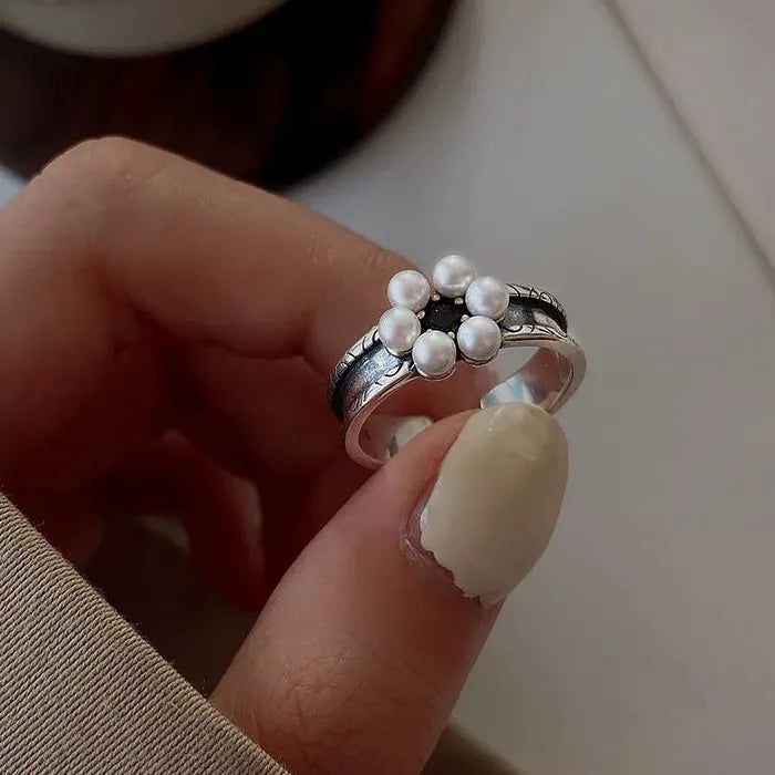 Adjustable Vintage White Pearl Double Layer Geometric Crystal Mood Tracker Ring for Women