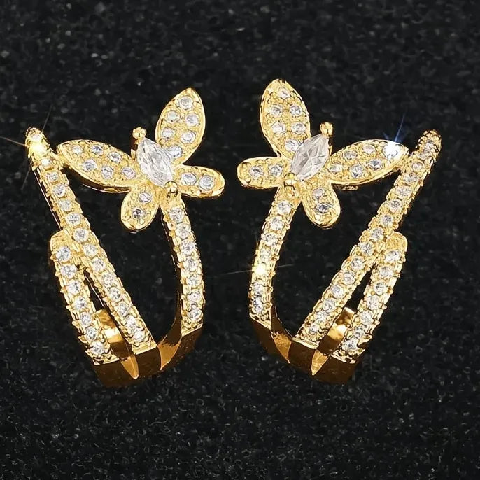 Women Geometric Hoop Earrings Butterfly Design Cubic Zirconia Copper Jewelry
