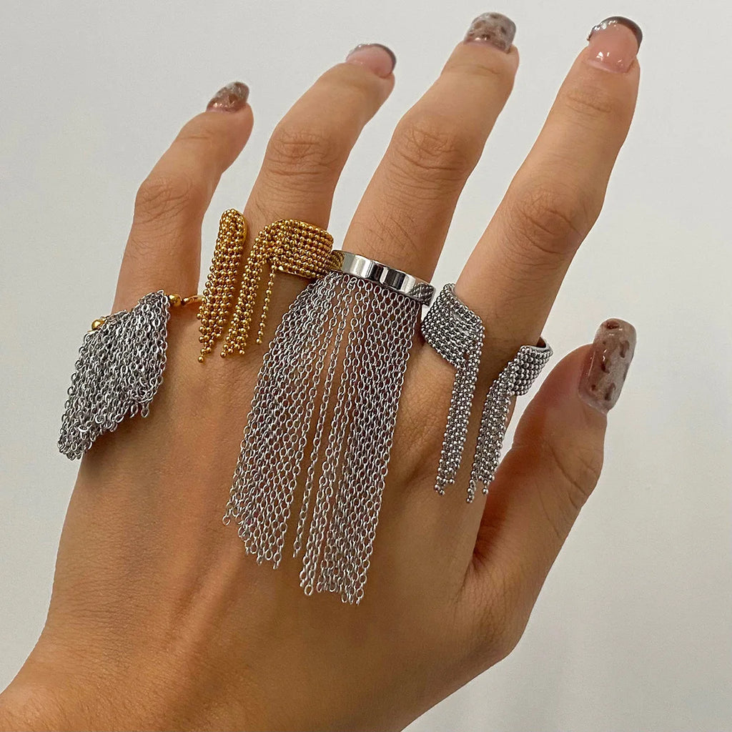 18k Gold Plated Stainless Steel Geometric Multi-Layer Tassel Chain Ring Women