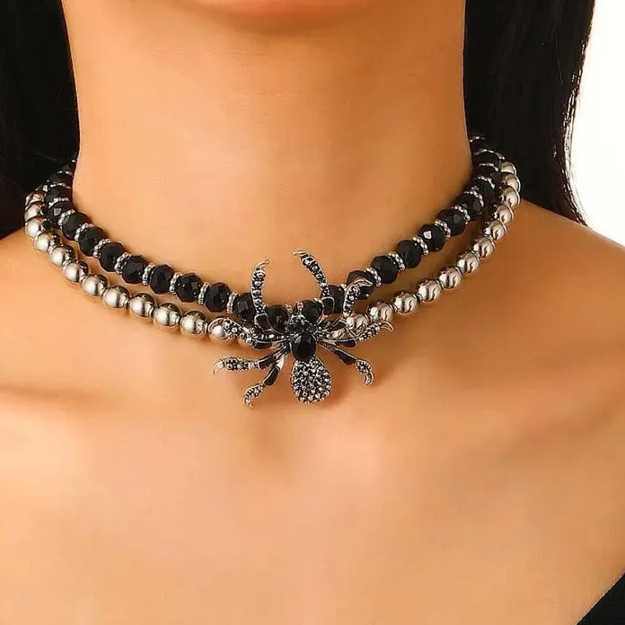 Punk Gothic Black Crystal Spider Necklace & Bracelet Set for Men Women