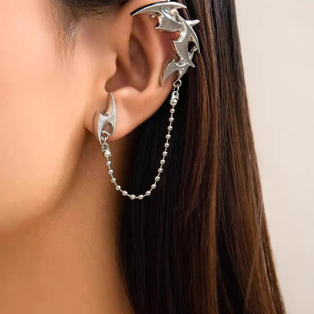 Vintage Punk Silver Thorn Spine Bone Clip-On Earrings Hiphop Jewelry Gift