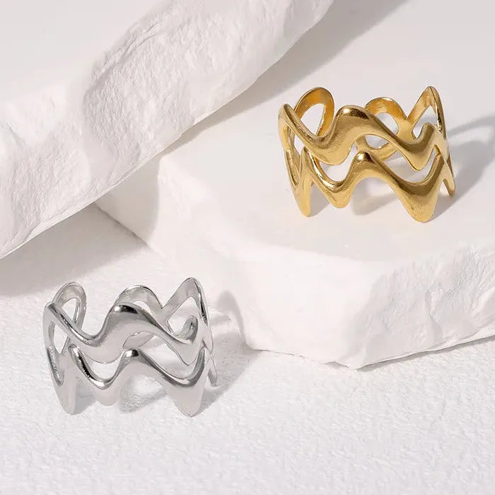 Adjustable Stainless Steel Gold Wave Ring for Women Men Geometric Jewelry