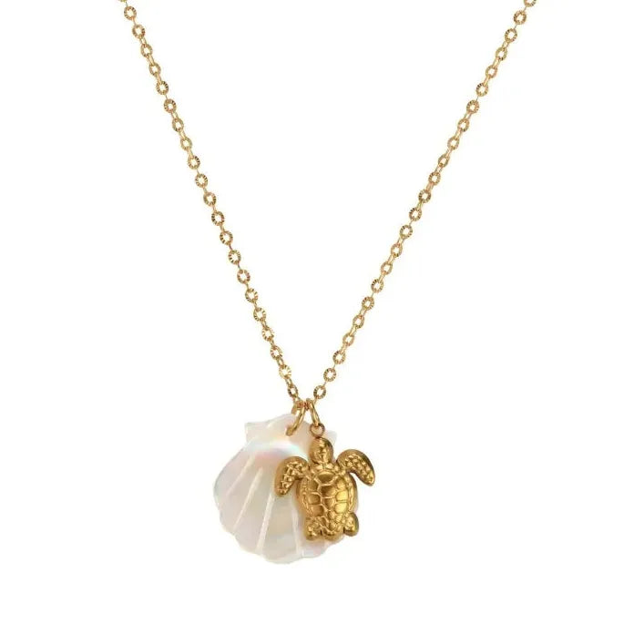 Boho White Shell Pendant Necklace Gold Stainless Steel Sea Turtle Star Choker