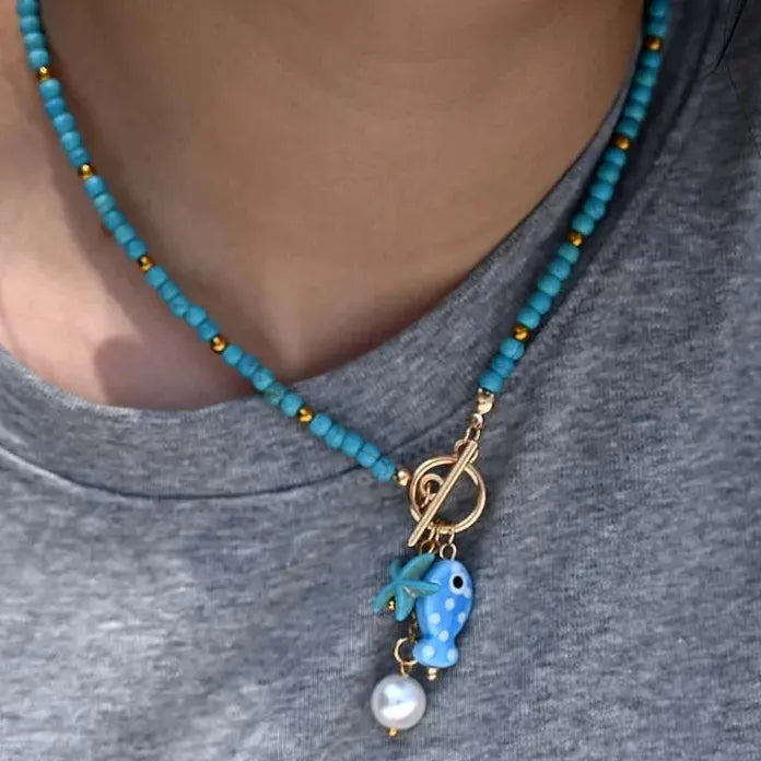 Ceramic Fish Pendant Necklace for Women Girls Bohemian Colorful Beaded Chain Jewelry