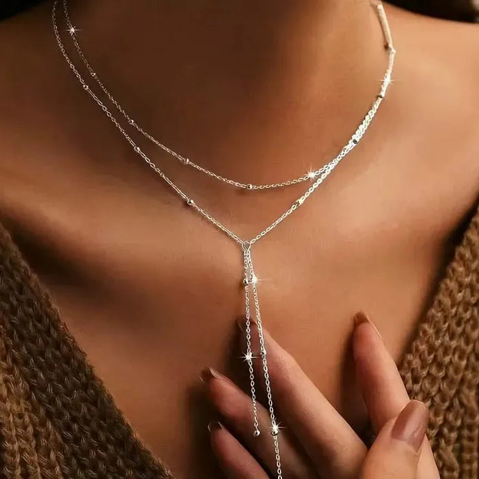 Bohemia Silver Ball Chain Necklace for Women Y-Shaped Tassel Pendant Jewelry