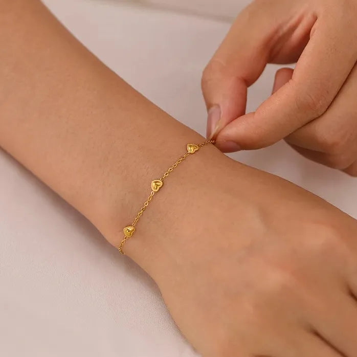 Stainless Steel Heart Beaded Pendant Bracelet for Women Gold Love Jewelry