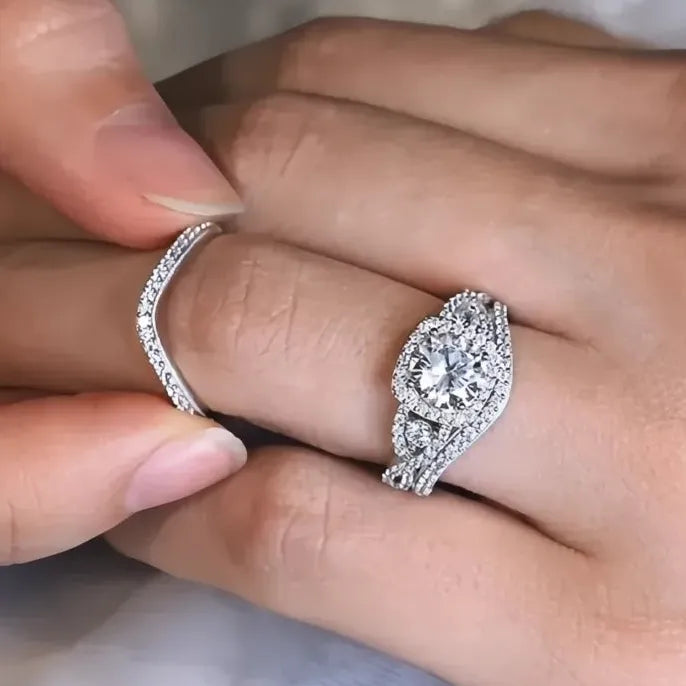 Women’s 3-Piece Cubic Zirconia Bridal Wedding Ring Set in Brass