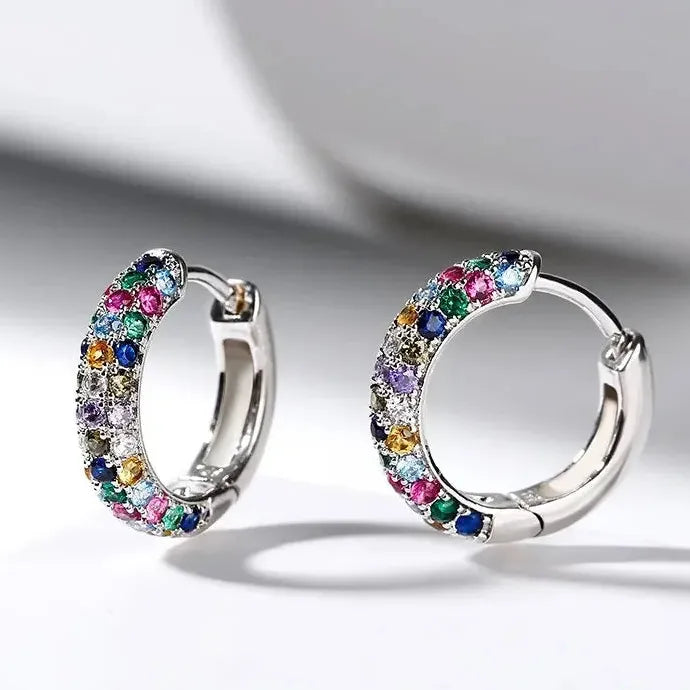 Women's Mini Round Silver Drop Earrings Set Colorful Zircon Zinc Alloy Jewelry