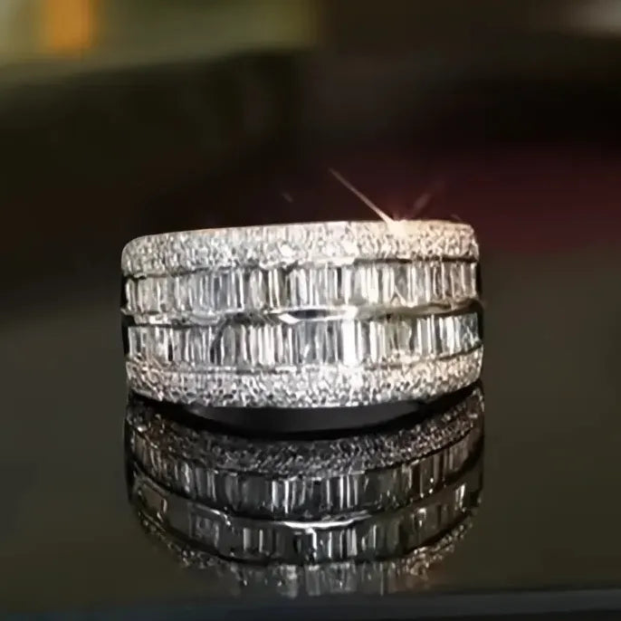 Wide Geometric Brass Ring with Cubic Zirconia Pavé Wedding Band for Women