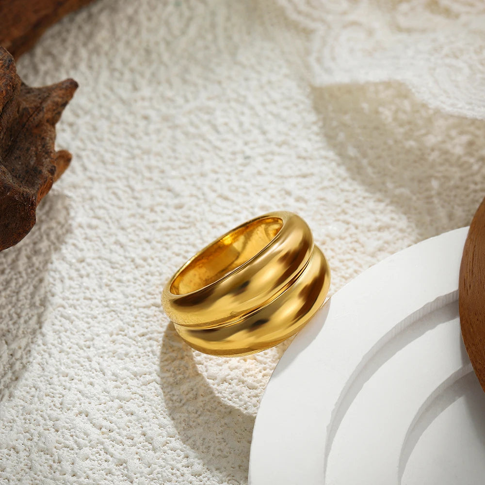 18K Gold Plated Stainless Steel Double-Layer Round Minimalist Ring for Women