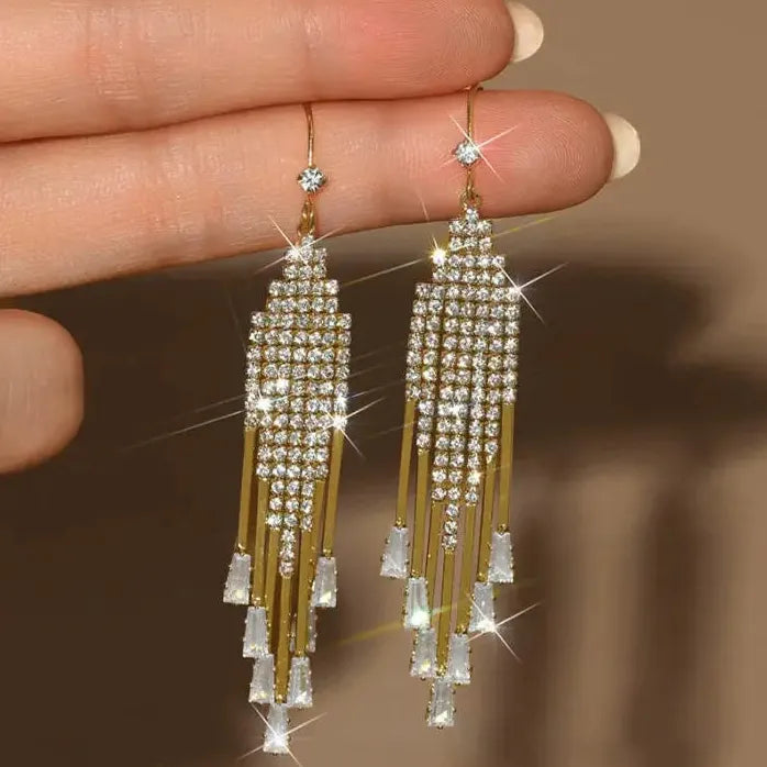 Luxury Copper Zircon Geometric Tassel Drop Earrings for Women Stylish Gift