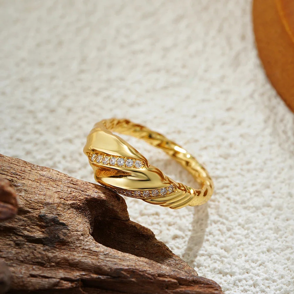 Chunky Croissant Rings Gold Plated Wide Dome Wedding Band with Mini Zirconia Vintage Jewelry