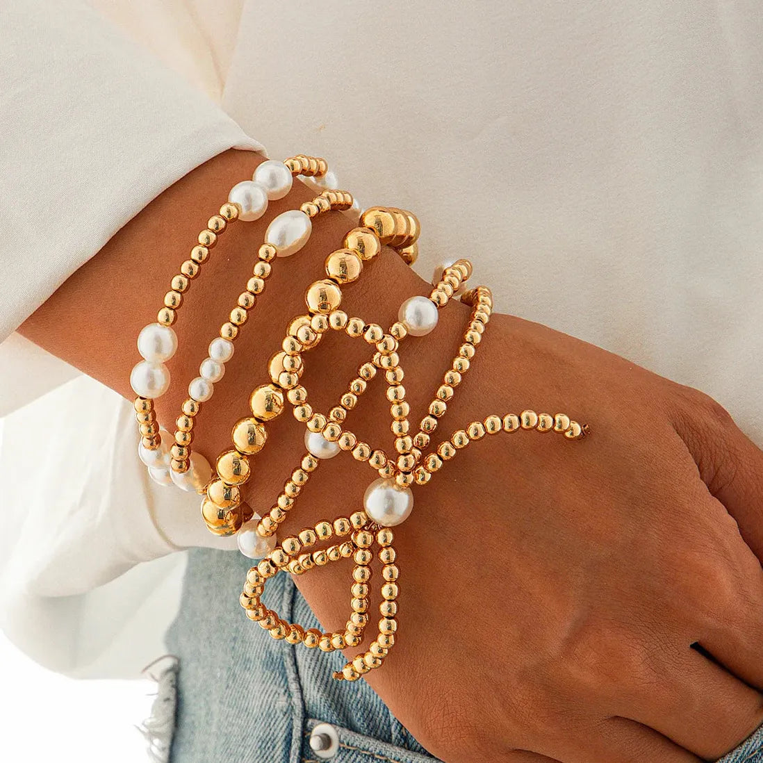 5Pcs Gold Beaded Bracelet Set Bowknot Bangle for Women Jewelry Gift