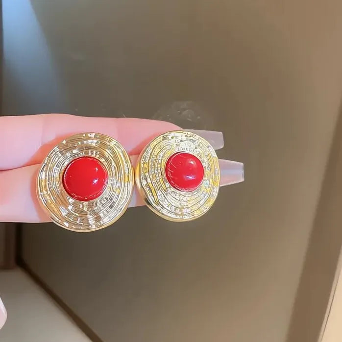 Big Round Red Stone Circle Stud Earrings Brass Acrylic Jewelry for Women