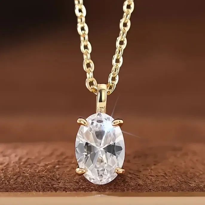 Copper Alloy Gold Oval Geometric Pendant Necklace with Cubic Zirconia