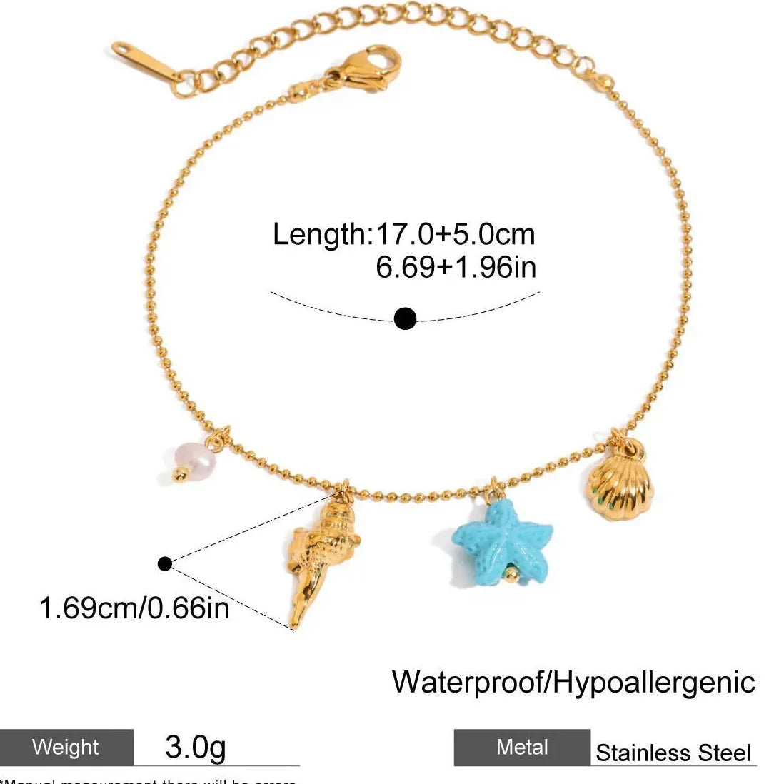 Stainless Steel Summer Beach Conch Shell Starfish Charm Bracelet Women