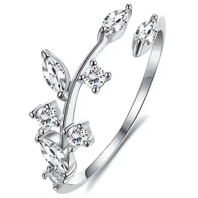 Women’s Sweet Leaves Cubic Zirconia Brass Wedding Opening Ring Plant Design