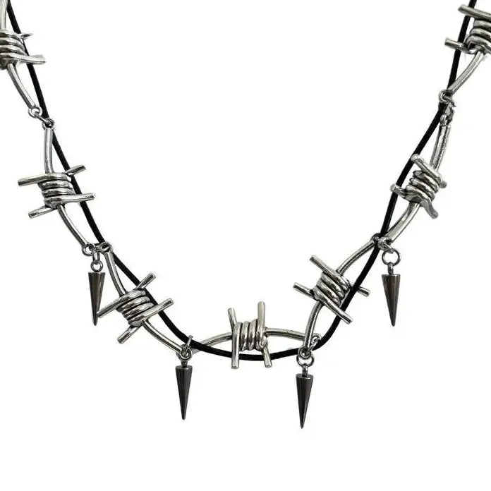 Stainless Steel Gothic Barbed Wire Rivet Double Layer Necklace for Men Women