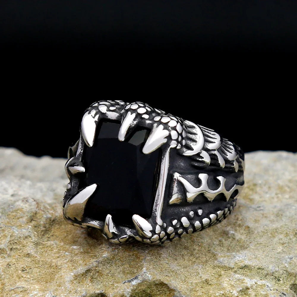 Vintage Punk Dragon Claws Ring Stainless Steel Black Stone Unisex Jewelry Gift