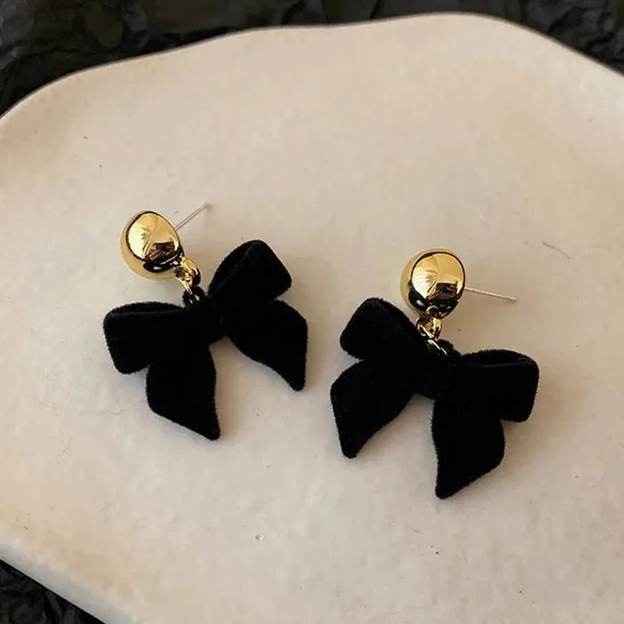 Vintage Black Zinc Alloy Bowknot Drop Earrings for Women Y2K Jewelry