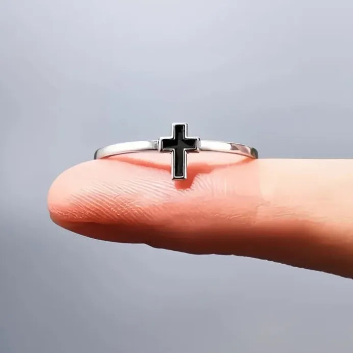 Trendy Women's Cross Ring Brass with Black Epoxy Glaze Finger Jewelry