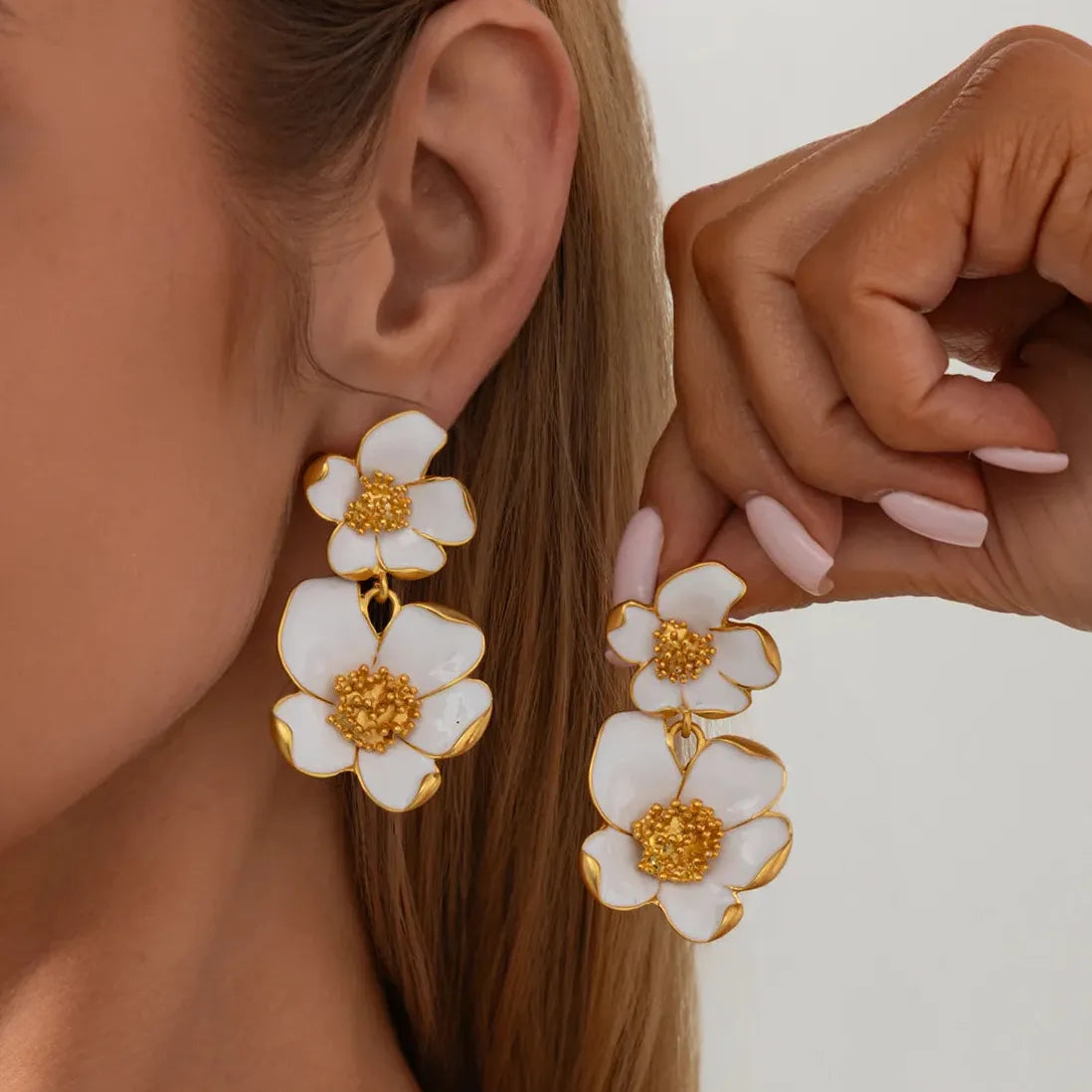 White Enamel Petal Dangle Earrings for Women Vintage Flower Jewelry