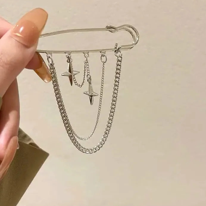 Punk Cross Multilayer Chain Tassel Brooch Zinc Alloy Pin for Men Women