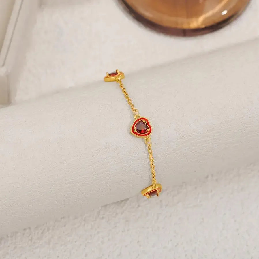 French Luxury Pink CZ Zircon Heart Bracelet PVD Stainless Steel Jewelry Gift