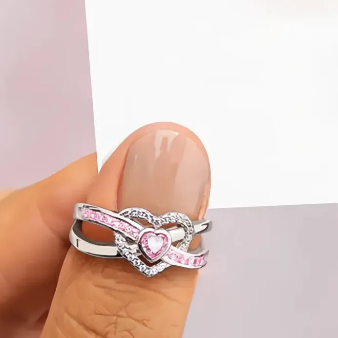 Romantic Pink Heart Cubic Zirconia Wedding Band Ring for Women Gift