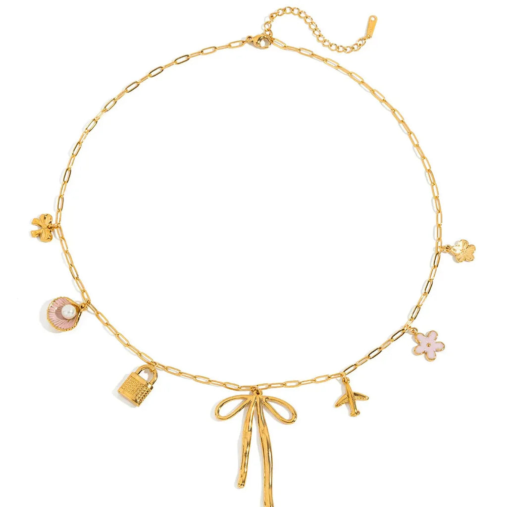 18K Gold Plated Stainless Steel Pink Shell Flower Bowknot Pendant Necklace Women