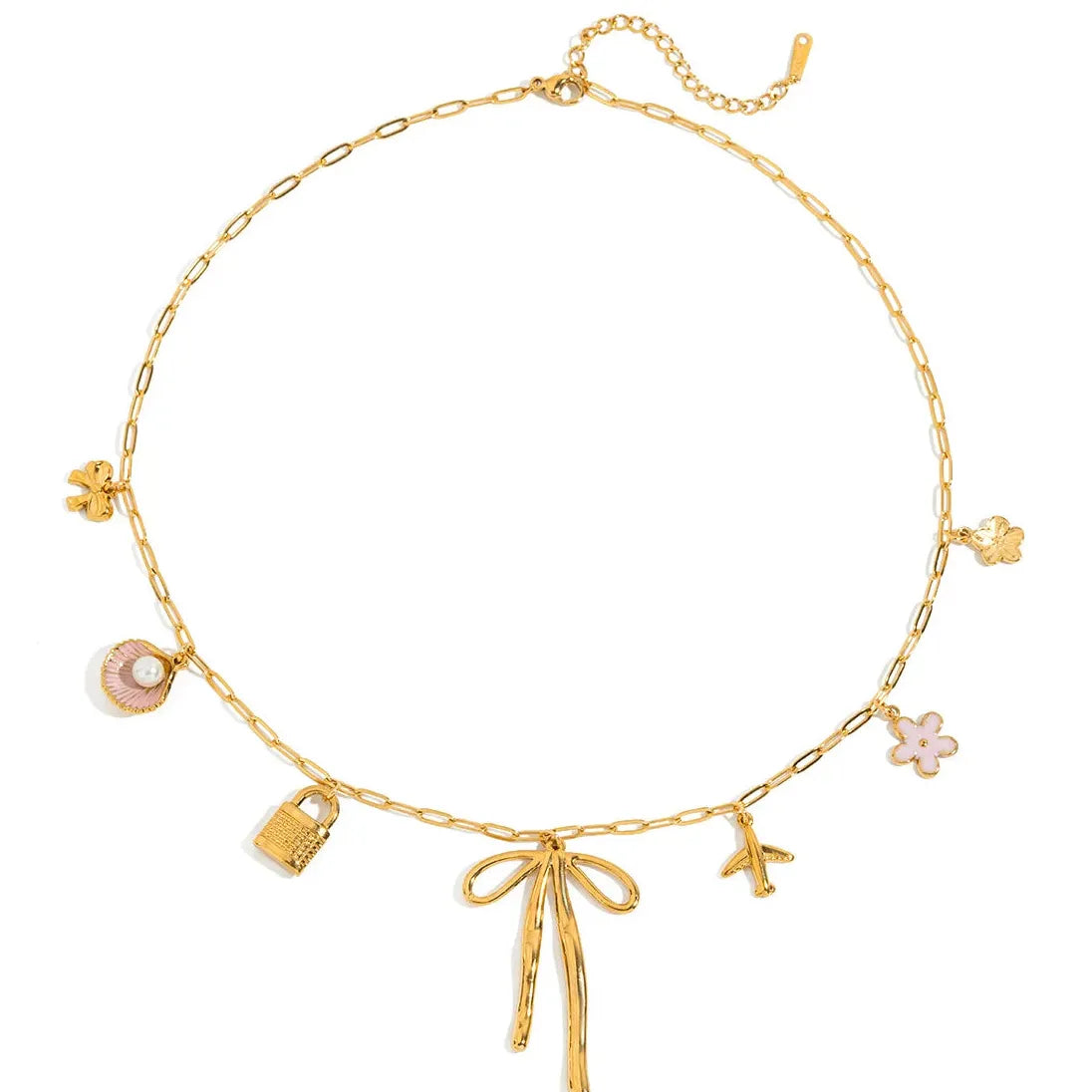 18K Gold Plated Stainless Steel Pink Shell Flower Bowknot Pendant Necklace Women