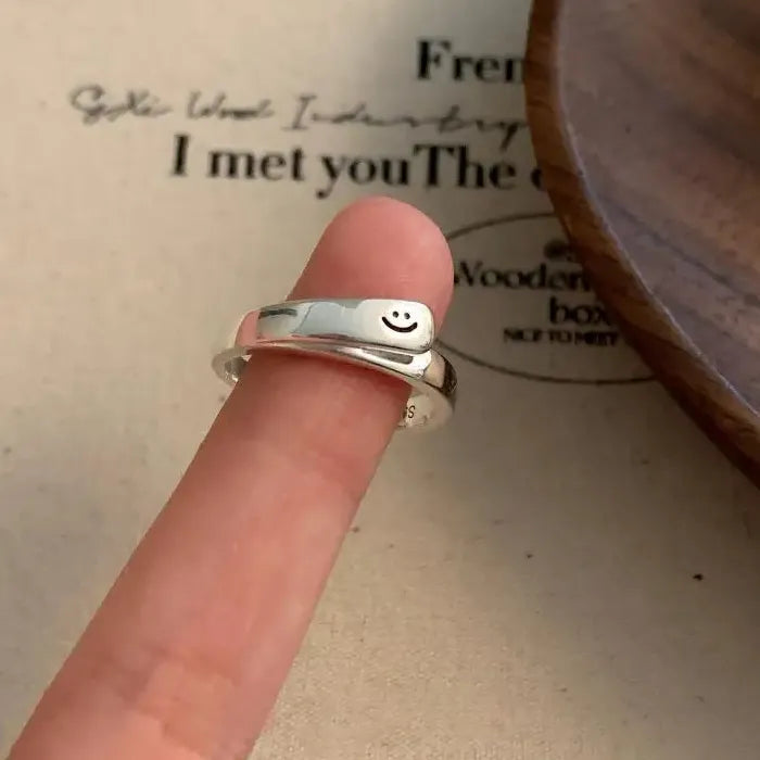 Double Layered Staggered Smile Face Open Finger Ring for Women Silver