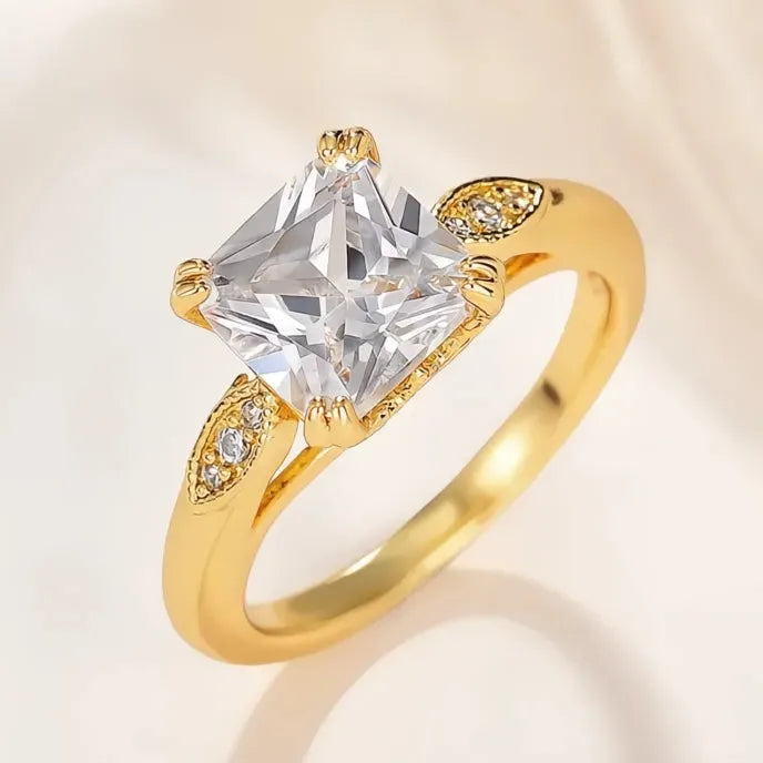 Luxury Princess Square Cubic Zirconia Wedding Engagement Ring for Women Gold Color Brass Band