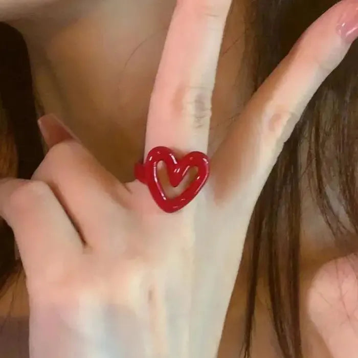 Red Enamel Heart Ring Women Punk Hiphop Couple Gift Fashion Jewelry