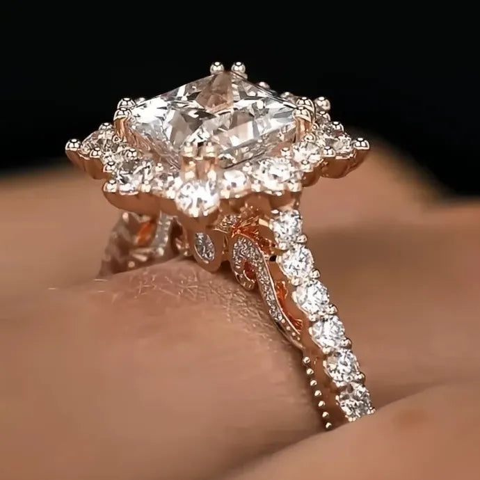 Rose Gold Geometric Cocktail Ring Inlaid Full Bright Cubic Zirconia Jewelry