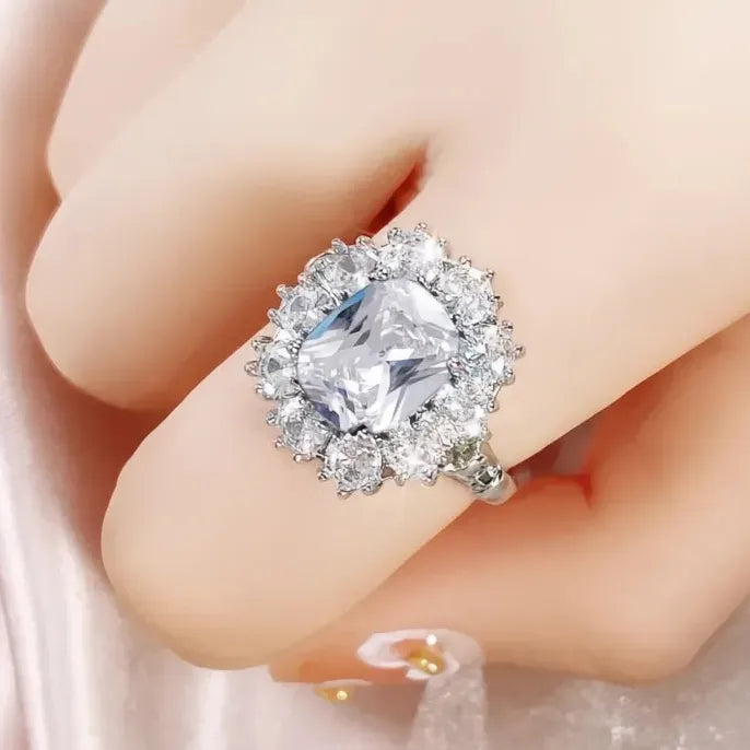 Silver Tone Geometric Cubic Zirconia Wedding Ring for Women Bridal Gift