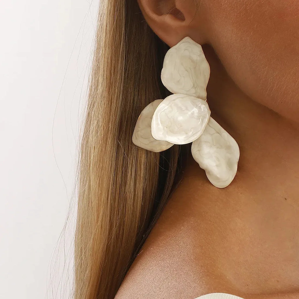 White Oil Drop Big Flower Leaf Earrings for Women Y2K Party Jewelry