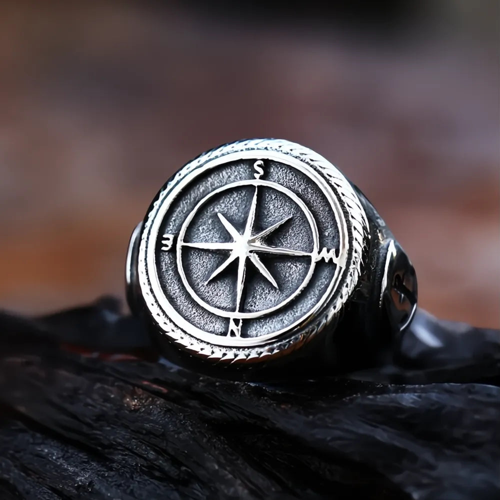 Vintage Stainless Steel Viking Compass Ring Men Nordic Pirate Sailor Amulet Jewelry Gift