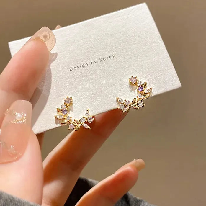 Colored Inlaid Rhinestone Moon Leaf Stud Earrings for Women Copper Alloy Jewelry