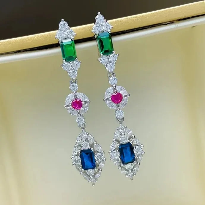 Women Geometric Drop Earrings Brass CZ Red Green Blue Sparkling Jewelry