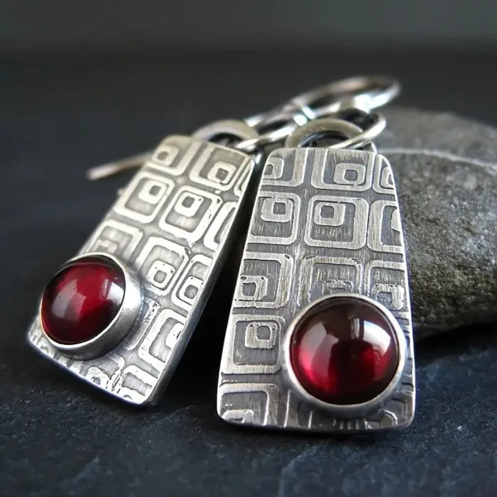 Retro Geometric Punk Pendant Earrings Set with Red Semi-Precious Stones for Women