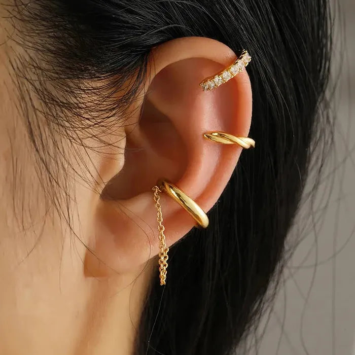 3Pcs Rhinestone Tassel C Shape Clip Earrings Zinc Alloy No Piercing Gift