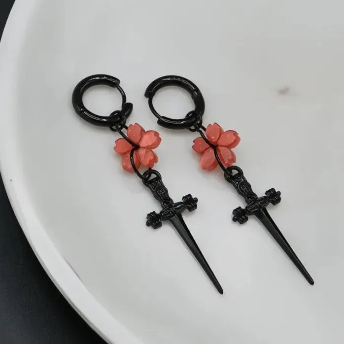 Punk Black Sakura Blade Small Hoop Earrings Gothic Cherry Blossom Jewelry