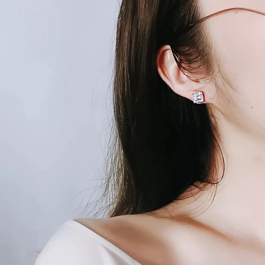 Green Cubic Zirconia Square Stud Earrings for Women in Copper Alloy