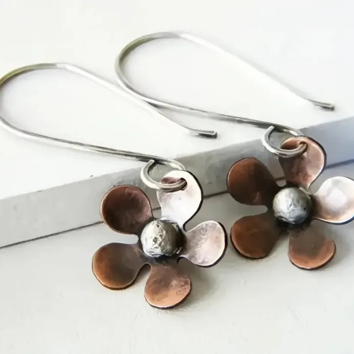 Vintage Two Tone Geometric Flower Drop Earrings Metal Jewelry for Women