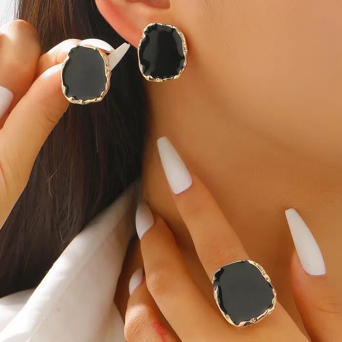 Vintage Coffee Irregular Geometric Stud Earrings and Rings Set Fashion Jewelry