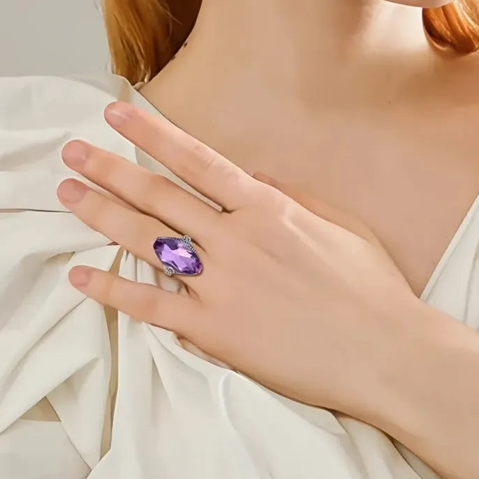 Big Marquise Purple Cubic Zirconia Brass Hollow Flower Ring for Women Wedding