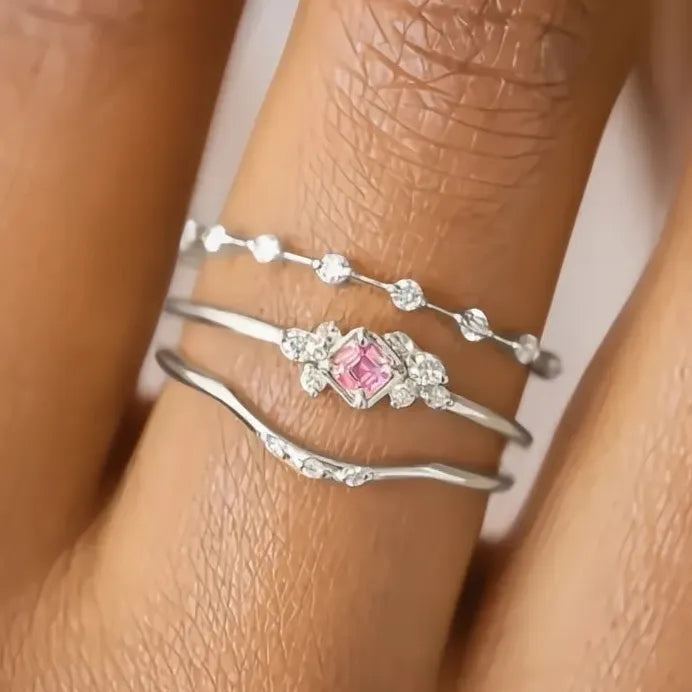 Pink Cubic Zirconia Brass Engagement Wedding Ring Set Elegant 3-Piece